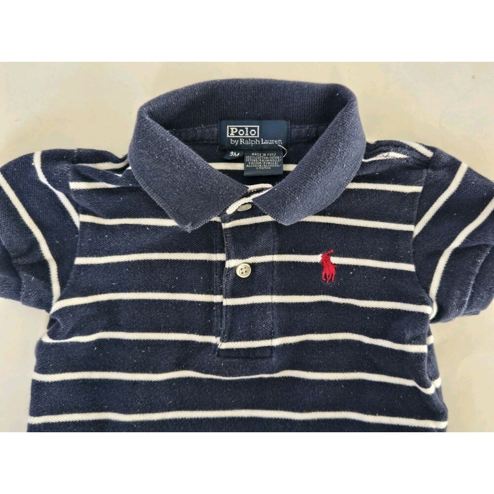 VTG Polo Ralph Lauren Baby Boy Polo Shirt Logo 9M Blue Striped - Picture 2 of 5